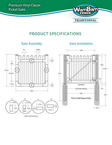 WamBam Traditional 4 by 4-Feet Premium Classic Vinyl Picket Gate with Powder Coated Stainless Steel Hardware - Thumbnail 4