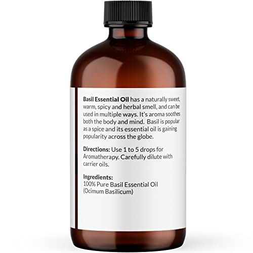 Image of NaturoBliss 100% Pure Basil Essential Oil Therapeutic Grade Premium Quality (4 fl. oz) with Glass Dropper, Perfect for Aromatherapy