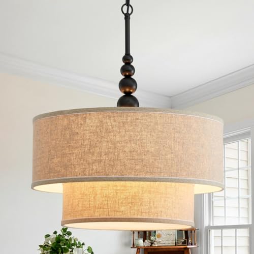 Shrine Lighting Double Drum Chandeliers, Farmhouse Style, Perfect Drum Pendant Light for Dining Room, D20'' x H10'', Adjustable Chains 55'', E12*4 Sockets, Beige Linen Fabric Lampshade & Black Rod