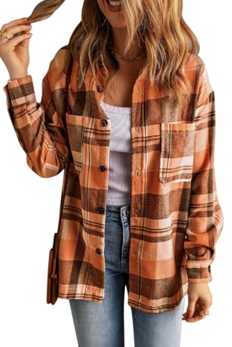 Womens Casual Flannel Plaid Shirts Oversized Lightweight Fall Shirt Coat Long Sleeve Button Down Shirts Blouse Tops3