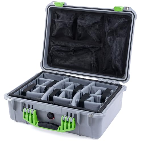 Pelican 1520 Case by ColorCase - Silver - Medium Size Waterproof Case with Grey Padded Dividers & Mesh Lid Organizer - Lime Green Handles & Latches