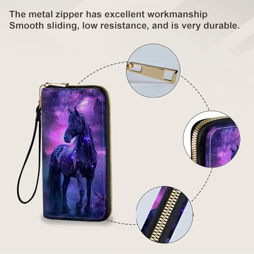 Women's Card Holder Wristlet Wallet, Convenient Travel Long Wallet with Strap and Pink Compact Mirror, Fashion and Sturdy Wristlet Long Purse for Women, Beautiful Horse Glittering Stars4