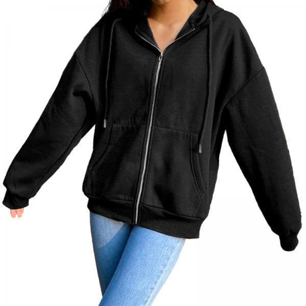 3xWomen's Solid Color Cotton Blend Zipper Hoodie Jacket Loose Top Black M|Clothing Shoes & Accessories | Womens Clothing | Sweats & Hoodies-picture-33