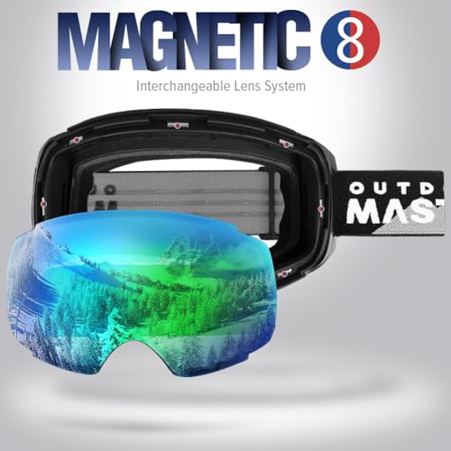 Image of OutdoorMaster Ski Goggles PRO - Frameless, Interchangeable Lens 100% UV400 Protection Snow Goggles for Men & Women ( Black Frame VLT 18% Grey Lens with Full REVO Green and Free Protective Case )
