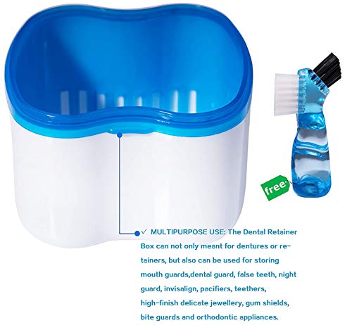 Denture Brush Retainer Case, Denture Case,Denture Cups Bath,Dentures Container With Basket Denture Holder For Travel,Mouth Guard Night Gum Retainer Container (Blue) #TOP4