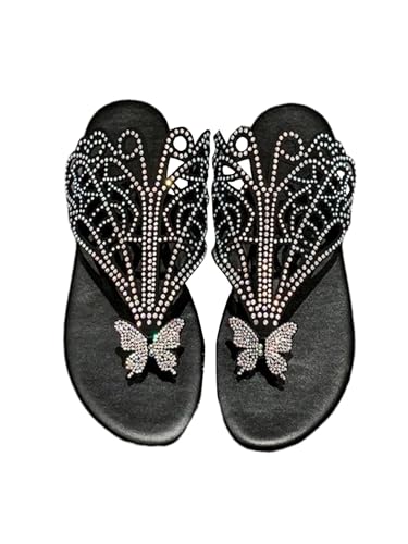 GORGLITTER Women's Butterfly Rhinestone Thong Sandals Open Toe Slip On Flip Flops Slippers