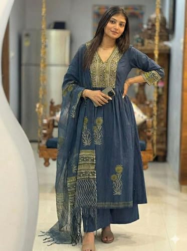 Image of ANNI Designer Women Printed Gathered Kurta Palazzo Dupatta Set Viscose Blend Kurti Suit Ladies Ethnic Wear for Festive Office Casual Use