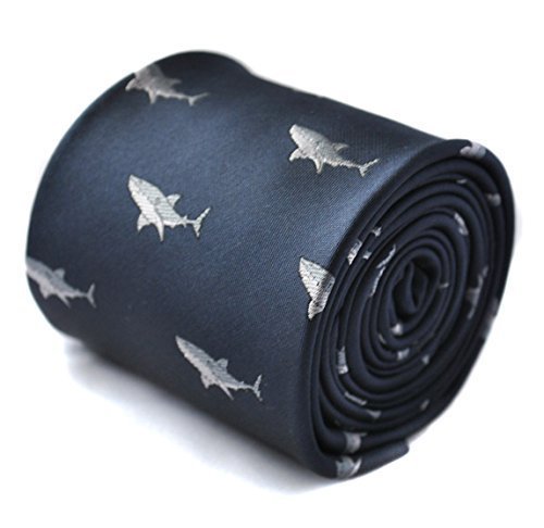 Frederick ThomasNavy Dark Blue Tie with Embroidered Shark Motif and Signature Floral Rear Lining, 147cm Length Men’s Necktie for Office, Weddings and Events, Classic 8cm Width