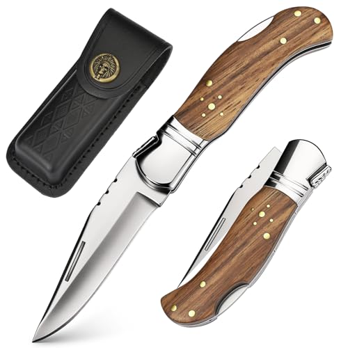 SPITZKANTE Klappmesser QS1, EDC Taschenmesser mit Lockback, 440C Stahl, 42a konform, legal in Deutschland, Zweihandmesser mit Lederetui, Zebrawood-Holzgriff, für Outdoor, Camping SPITZKANTE Klappmesser QS1, EDC Taschenmesser mit Lockback, 440C Stahl, 42a konform, legal in Deutschland, Zweihandmesser mit Lederetui, Zebrawood-Holzgriff, für Outdoor, Camping