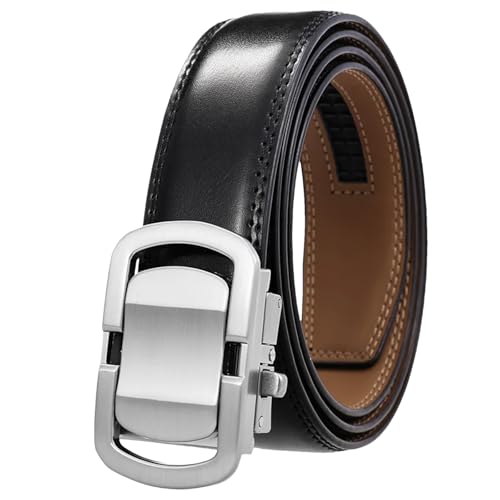 Men's Silver Alloy Automatic Buckle Leather Belt Cowhide Non-Porous Strap 3.5cm Wide Casual Trouser Belt