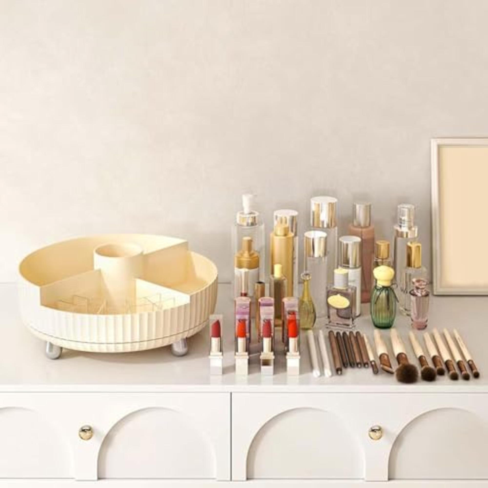 Cosmetic Organizer Display Case for Vanity, Cream White