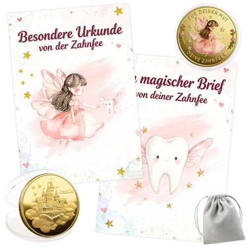 songyea 2 Stück Zahnfee Geschenk Kinder Bunte Münze mit Brief & Zertifikat Ideal für Mädchen & Jungen zur Zahnübergabe