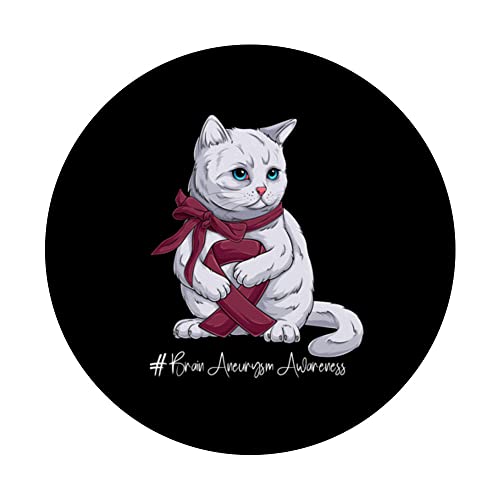 Brain Aneurysm Awareness Month Burgundy Ribbon Cat PopSockets Swappable PopGrip, Black - Image 3
