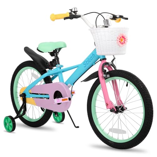 STITCH MACARONS 18 inch kids bike for 6-8 girls, 18 inch girls bike with stablisers and basket,blue