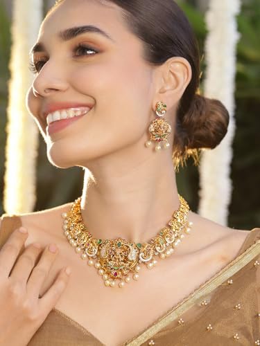 Image of Rubans Gold Plated Temple Necklace Set Traditional Statement Jewellery Gift for Women & Girls
