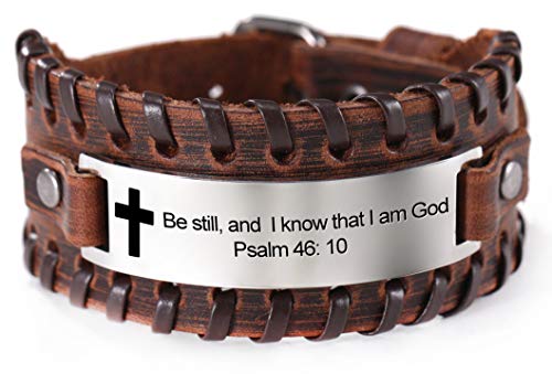TEAMER Cross Leather Bracelet Stainless Steel Inspirational Message Engraved Christian Bible Adjustable Cuff Bangle Gifts for Men (Be Still and Know That I Am God Psalm 46:10)