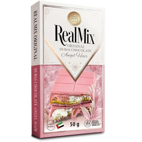 REALMIX Chocolate con Leche Dubái directamente desde Dubái EAU | Auténtico chocolate con leche Dubái con pistachos y relleno de Kunafa | Fabricado en Dubái E.A.U. | (50 gramme, Rosa)