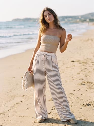 Image of Acelitt Women Drawstring Elastic Waist Wide Leg Pants with Pockets, S-XXL | Elastic waist,loose fit,side pockets,casual,2026 summer trendy,beach vacation outfits