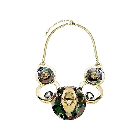 Fashion 21 Women's Celluloid Acetate Oval Disc Glass Stone Metal Link Statement 17 inches Plus Extension Link Necklace (Gold + Camouflage) Cover