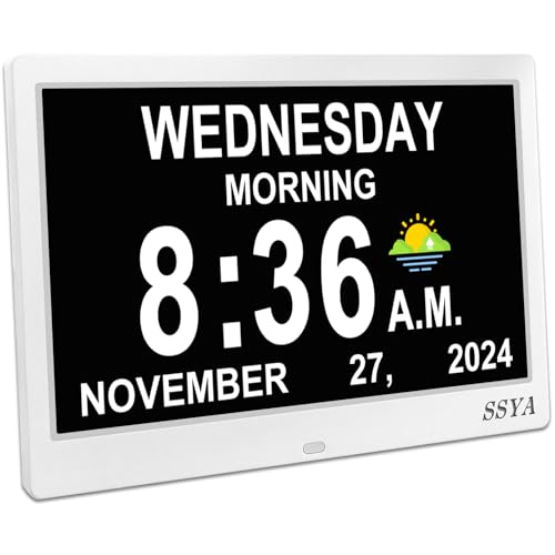 Image of SSYA Dementia Clock for Seniors, Digital Clock with Date and Day of Week, Auto DST, Non-Abbreviated Large Calendar Alarm Clocks (White)