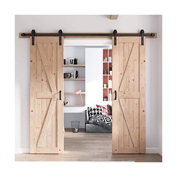 FREDBECK 48 x 84 Inch (Double 24x84 Inch Doors) Barn Doors with 8FT Barn Door Hardware Kit and Handle Included K Shape Solid Natural Spruce Need to Assembly