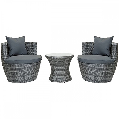 Image of CHARLES BENTLEY Stacking Rattan Furniture Set, Grey, Compact Chair Set for Two, Grey Weave, Outdoor, Garden, Patio, Space Saving, Removable Cushions, Easy Clean, Glass Top Table, Steel (69x72x72cm)