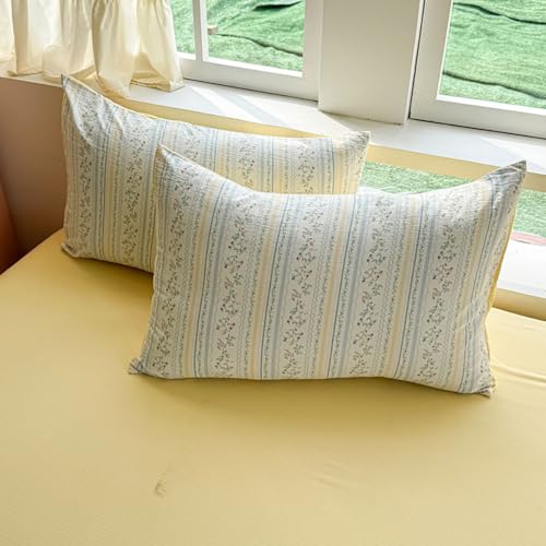 Covebett Duvet Cover Sets Double Size Blue Yellow Flowers Floral Striped Reversible Microfibre Bedding Set Botanical Aesthetic Girls Quilt Cover 200x200 with Zipper Closure and 2 Pillowcase 50x75 cm - Image 7