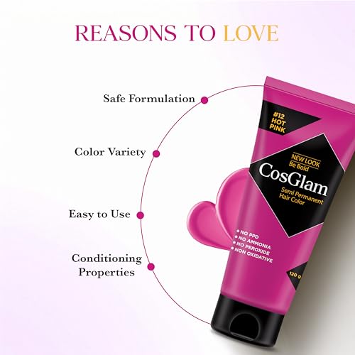 Image of Cosglam Hot Pink (#12) Semi Permanent Hair Color for Women & Men, 120g | Vegan Hair Dye | No Ammonia, No Peroxide | Non-Oxidative Formula | Conditioner Enriched Glossy Finish