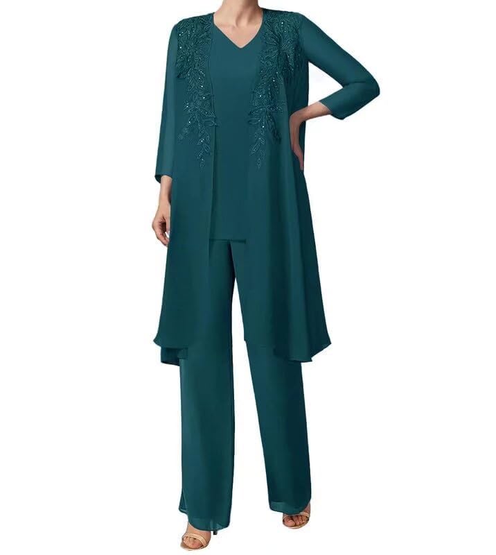 Mother of The Bride Pant Suits with Jacket Chiffon Evening Gowns Pantsuit 3PCs Wedding Guest Outfit Set