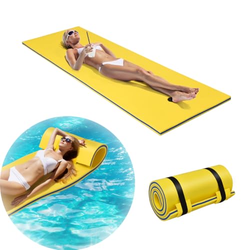 COSTWAY Tappeto Galleggiante Mare/Piscina 210 x 66 cm Giallo, Arrotolabile con Poggiatesta e Corda
