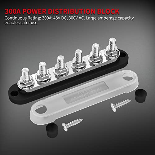 DAIERTEK 300A Bus Bar 12V Marine 12V Power Distribution Block with Cover 6 x 3/8" (M10) Terminal Studs Max 300V AC 48V DC Positive & Ground Busbar for Automotive Car Boat