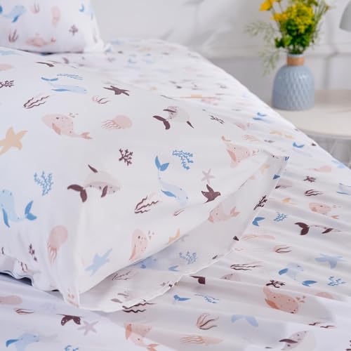 Image of Underwater World Sea Animal Full Sheet Set for Kids - Fish, Whale, Cute and Cozy Bedding - Girls Boys Children - Deep Pocket, Wrinkle Free Soft Bed Sheets - 4PC