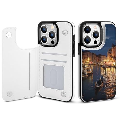 HKMNLEW Venice Night Print Flip Phone Wallet Case iPhone 14 Pro�p PU���U�[���C�ϏՌ��d�b�P�[�X�J�o�[ �J�[�h�z���_�[�t��
