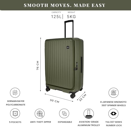 Image of F Gear Montreal Large 76cm German Polycarbonate Hard Luggage|8 Japanese Hinomoto Silent Wheels|Expandable Check-in Front Opening Suitcase for Travel| Anti-Theft Zipper, TSA 007 Lock (Army Green)