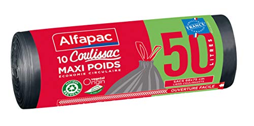 ALFAPAC - 10 sacs 50L à liens coulissants - Sacs-Poubelle Maxi-Poids - Éco-responsables : mélange de matière recyclée et d'origine végétale - Fabriqué en France Cover