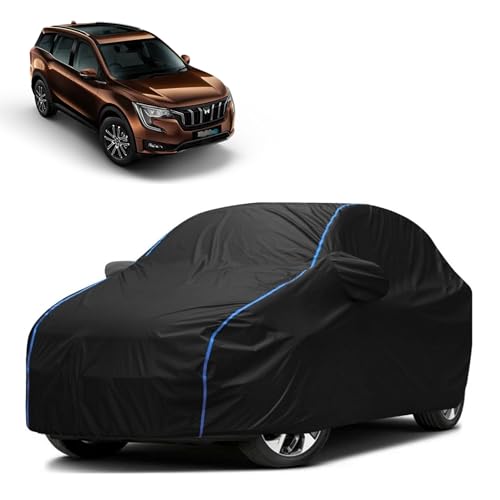 Image of Kerwa Car Body Cover Waterproof Compatible with Mahindra XUV700 | Scratch Proof, Anti-Dust, UV Protection | Windproof Buckle Strap | Fitted Bottom Elastic | Side Mirror Pockets-Black