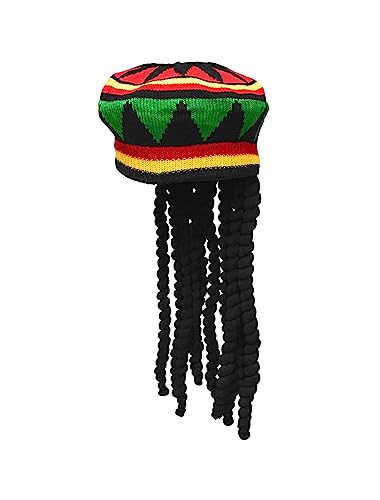 Nicky Bigs Novelties Adult Rasta Hat with Fake Black Dreadlocks Wig Colorful Jamaican Reggae Style Crocheted Beanie Knitted Beret Cap Long Black Hair Costume