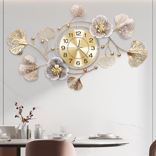 JXQXYN Clocks for Living Room, Large Wall Clock, 3D Silent Wall Clock, Retro Metal Ginkgo Leaf Design, for Bedroom Kitchen Decorative Wall Clocks(32''x18'' )