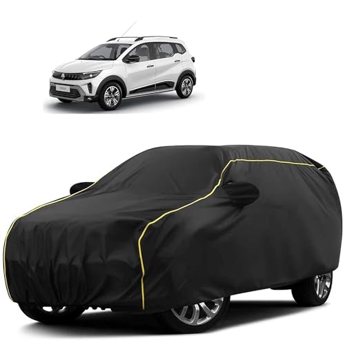 Image of Sulfar 100% Water Resistant Car Body Cover Compatible with Mirror for Renault Triber (Triple Stitched, Full Bottom Elastic, Black Tafetta with Yellow Piping)