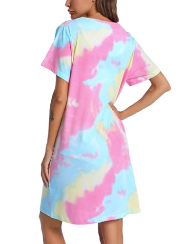 Image of ENJOYNIGHT Womens Short Sleeve Nightgown Tie Dye Nightshirt Nursing Sleepshirts Breastfeeding Sleep Dress