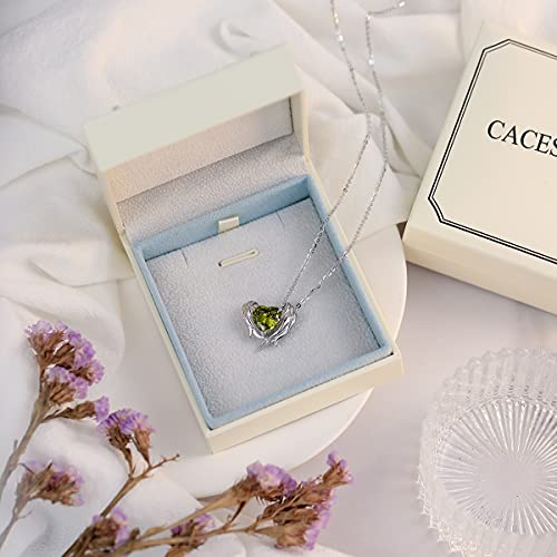 Cacestone Sterling Silver Gemstone 6 Carat Created Peridot Angel Wings Heart Birthstone Necklace For Women Cubic Zirconia Anniversary Birthday Gifts For Wife Girls Mom Her, 16+2 Inch #TOP5