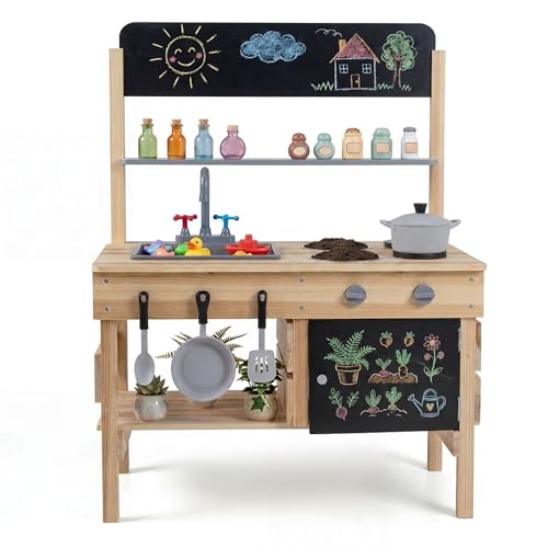 Image of HONEY JOY Mud Kitchen, Fir Wood Outdoor Play Kitchen for Toddlers, Storage Cabinet, Chalkboard, Cooking Accessories, Pretend Play Montessori Children Backyard Furniture for Garden Patio, Natural