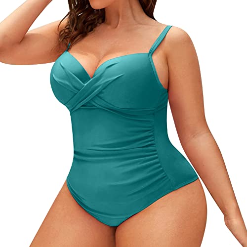Shffuw Bikinis Mujer 2023 Reductor Bikini de Talla Grande para Mujer, Color Liso, Detalle Fruncido, Aros, Copas Acolchadas extraíbles Sin Tirantes Talla Grande (Green, XXXXL)