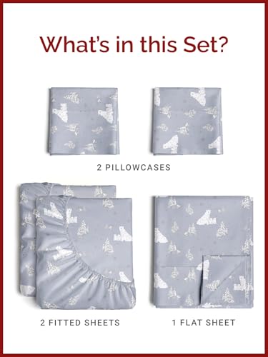 Split King Polar Bears Sheet Set - Holiday Xmas Pattern Bedding Set - Deep Pockets - Snug Fit - 5 Piece - Wrinkle Free & Easy Care - Comfy Festive Winter - Holiday Sheets for Women, Men, Kids & Teens