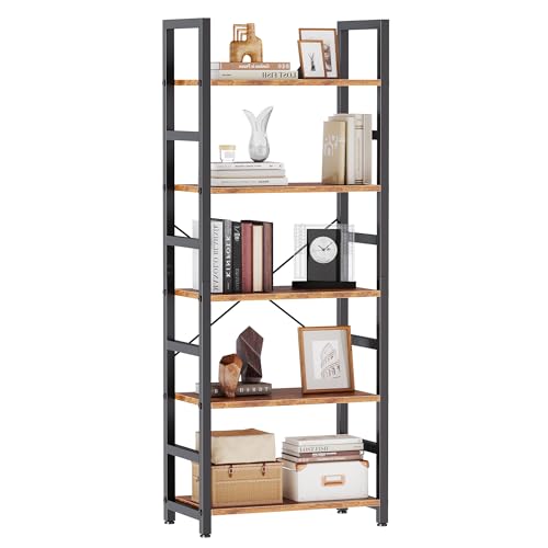 DUMOS 5-Tier Bookshelf, Modern Tall Bookcase, Open Storage Display Shelf for Living Room, Bedroom, Home Office, Narrow Standing Shelving Unit for Books, CDs, Décor，Rustic Brown