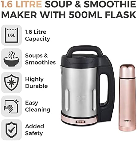 Tower T12055RG Soup & Smoothie Maker with Intelligent Control System and Stainless Steel Jug and Blade, Includes 500ml Flask, 1000W, 1.6 Litre, Rose Gold