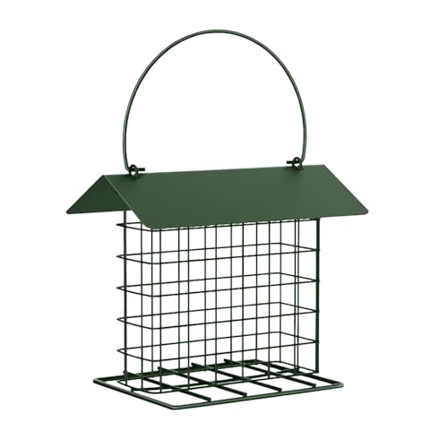 Suet Cake Bird Feeder Outdoor Hanging Metal Wire Wild Bird Feeder Fat Ball Food Feeder with Metal Roof and Platform Outside Cake Suet Feeder Rainproof(Green)