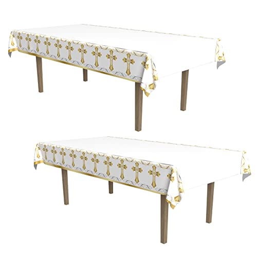 Beistle Religious Tablecover, 54” x 108”, 2 Pieces – Plastic Table Cloth, First Communion Decorations, Baptism Decorations, Rectangular Table Cloth, Party Supplies, Holy Cross Decoration