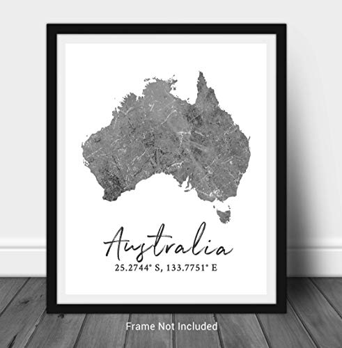 Australia Map Wall Art Print - 8X10 Silhouette Decor Print With Coordinates. Makes A Great Australian Country-Themed Gift. Shades Of Grey, Black & White. #TOP1