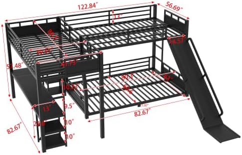 L-Shaped Metal Triple Bunk Bed with Slide, Full XL Over Queen with Twin XL Loft Bed, Built-in Desk & Storage Shelves, Space Saving Bunk Bed for Kids Teens Bedroom Dorm, Black